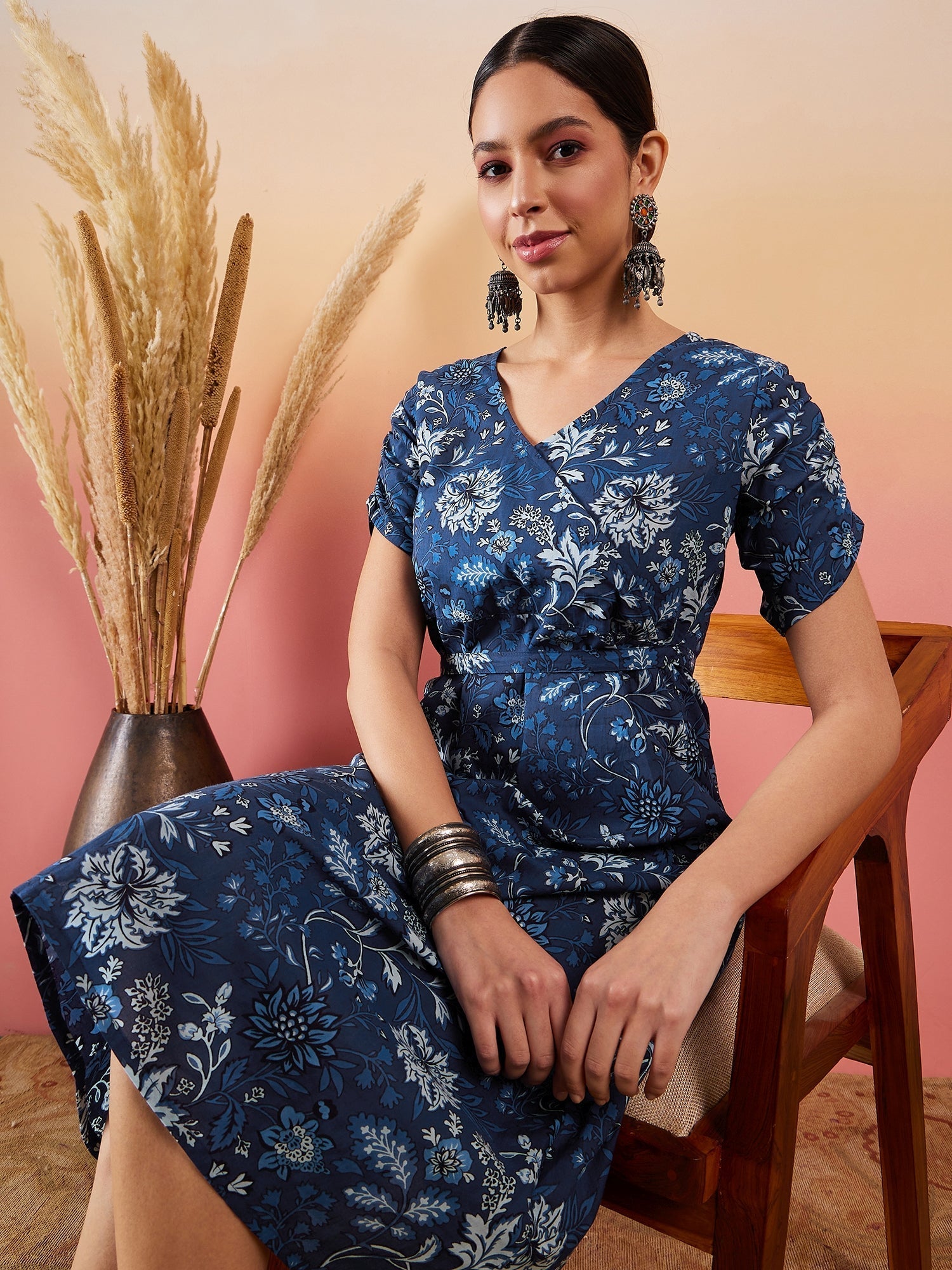 InWeave Indigo Floral Print Angrakha V Neck Belted A Line Dress