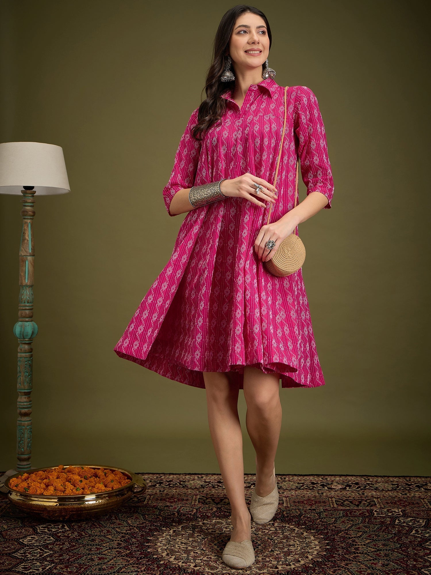 InWeave Fuchsia Ikkat Kantha Collar Flared Dress