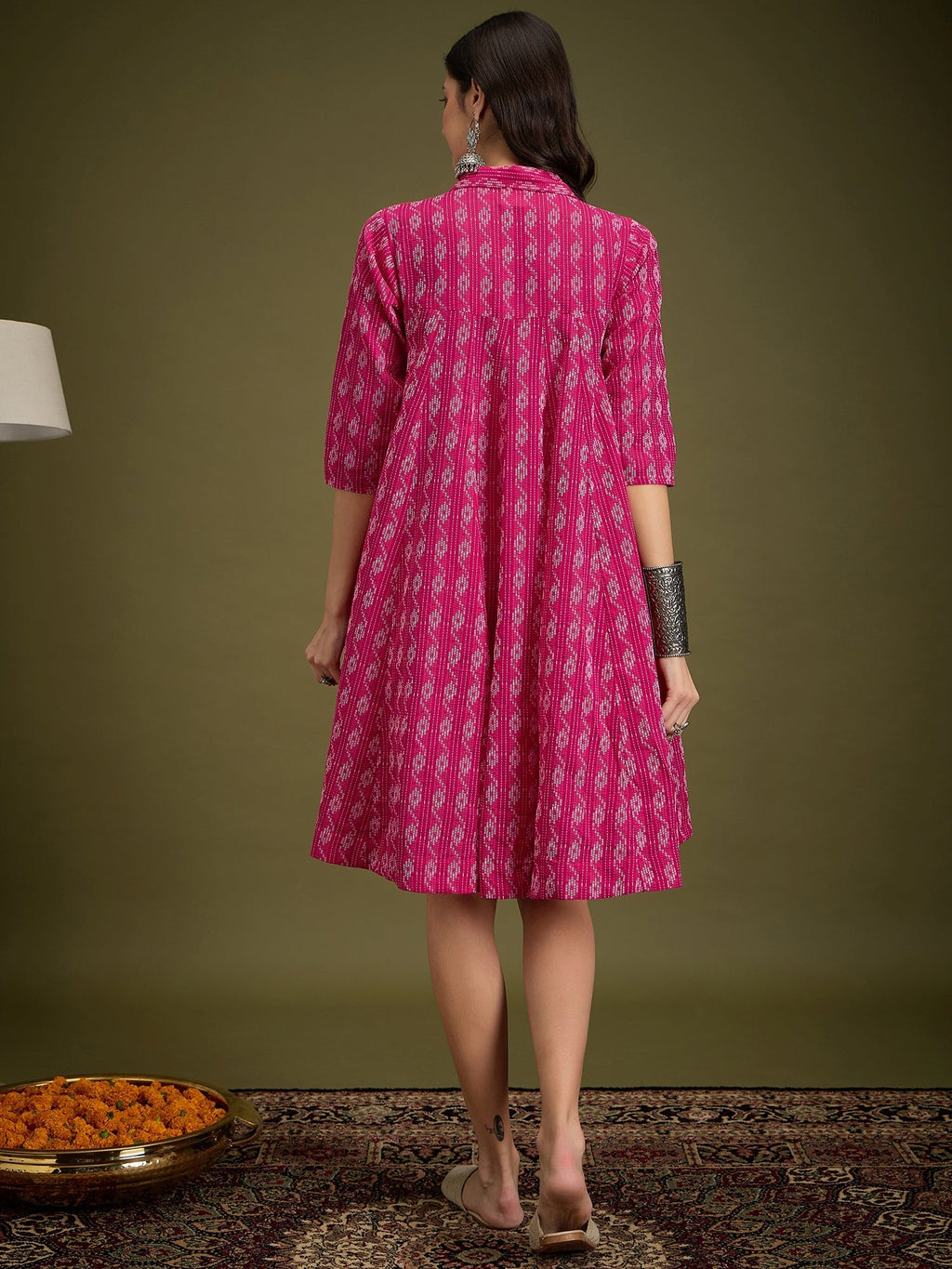 InWeave Fuchsia Ikkat Kantha Collar Flared Dress