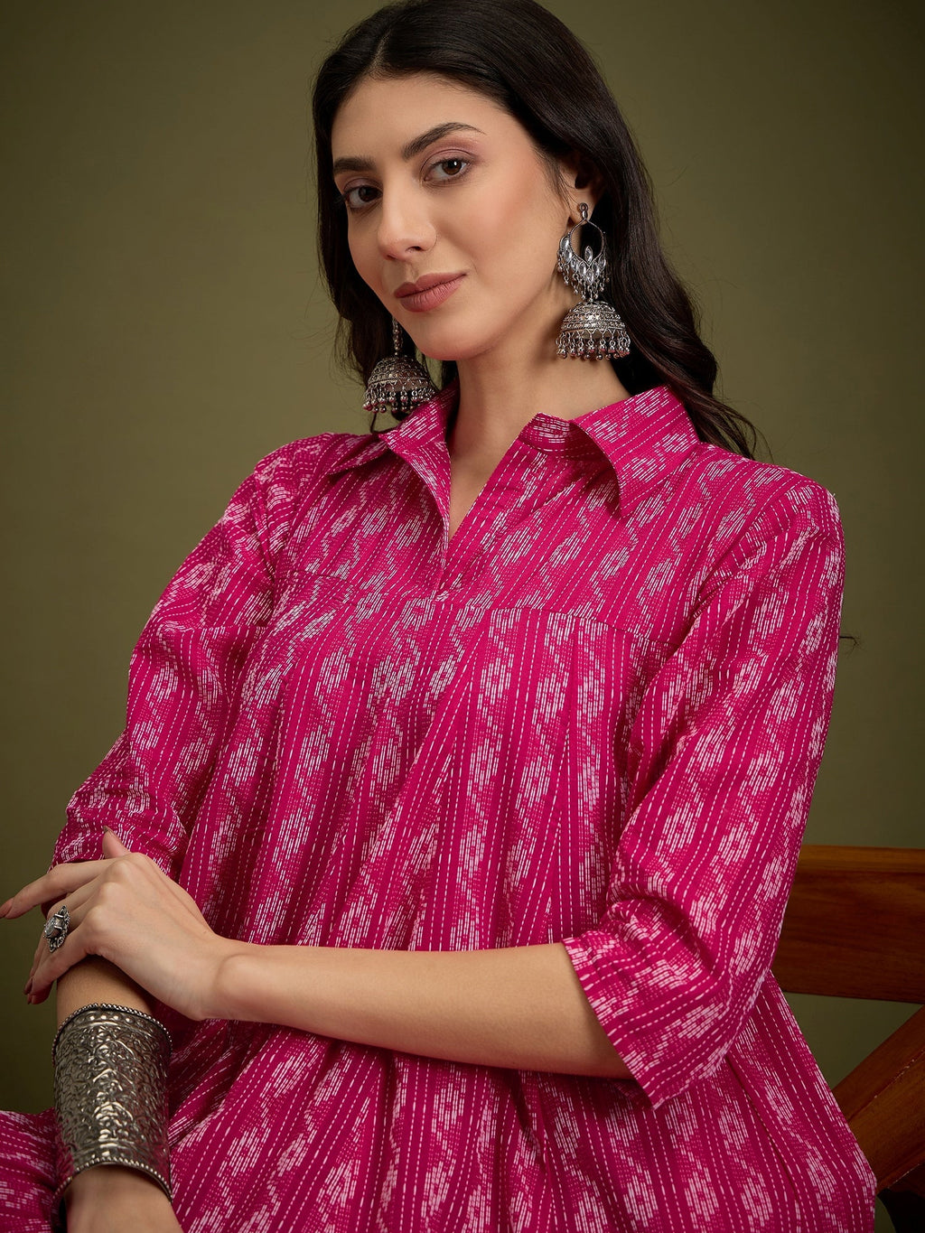 InWeave Fuchsia Ikkat Kantha Collar Flared Dress