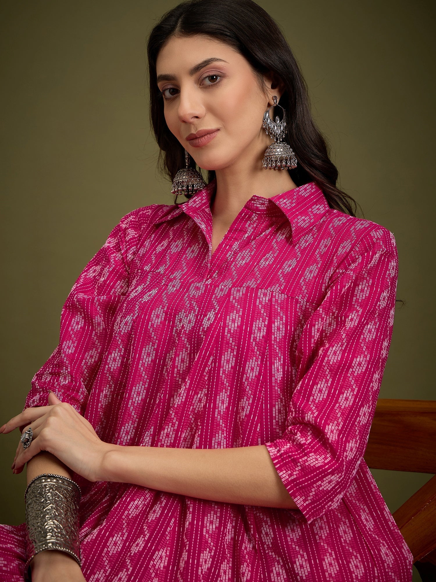 InWeave Fuchsia Ikkat Kantha Collar Flared Dress