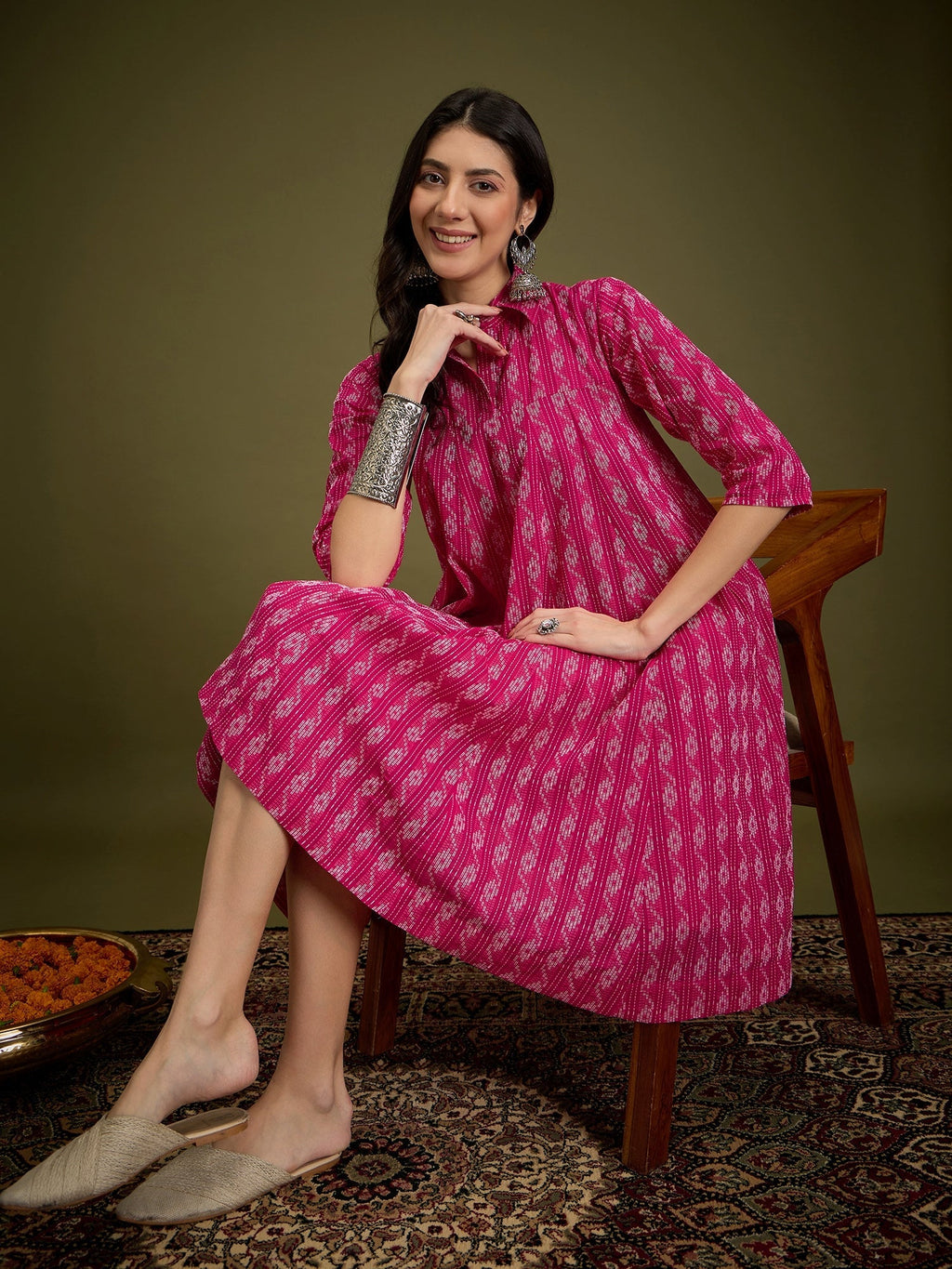 InWeave Fuchsia Ikkat Kantha Collar Flared Dress