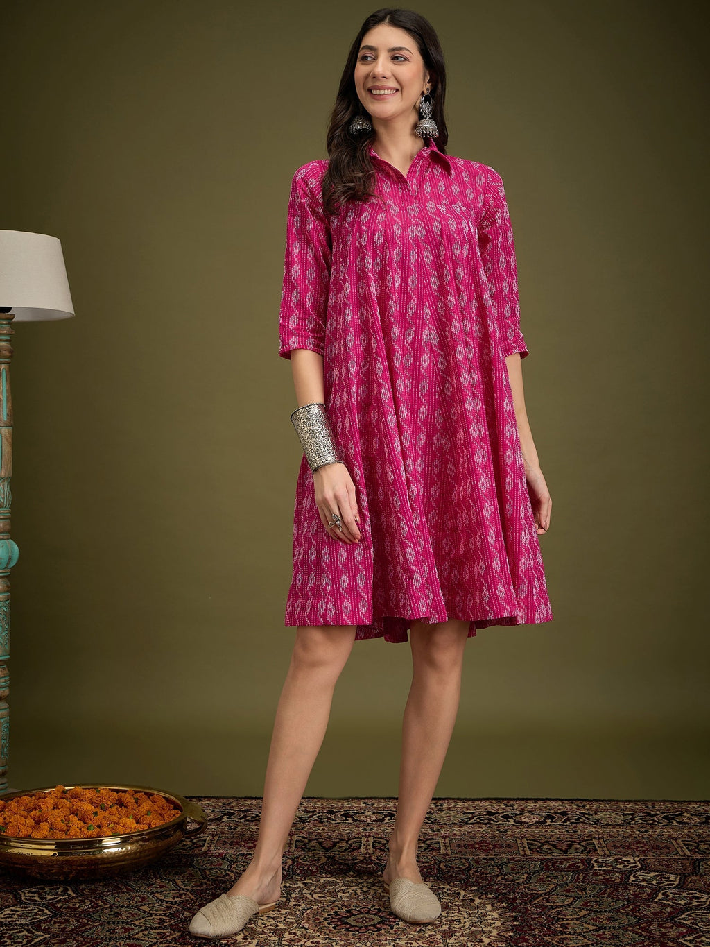 InWeave Fuchsia Ikkat Kantha Collar Flared Dress