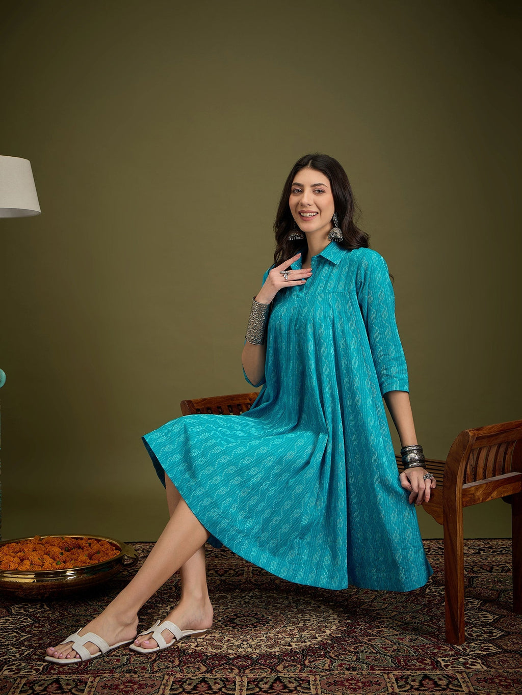 InWeave Cyan Blue Ikkat Kantha Collar Flared Dress