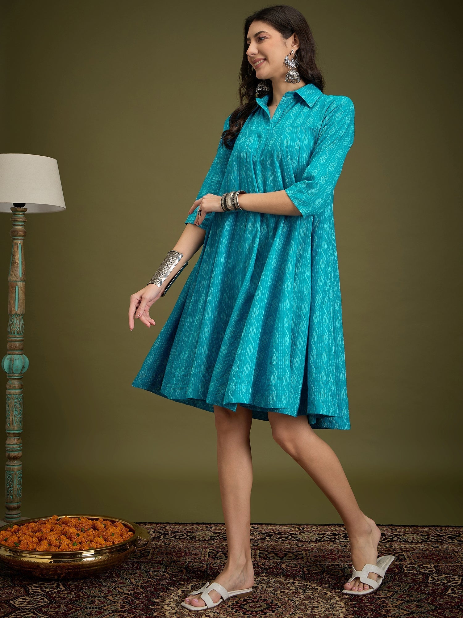 InWeave Cyan Blue Ikkat Kantha Collar Flared Dress