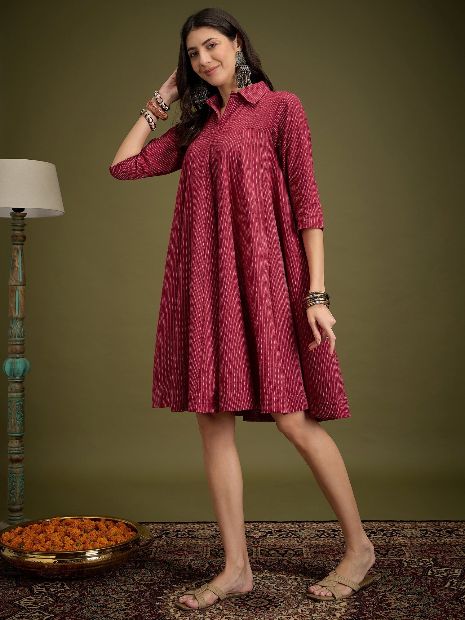 InWeave Maroon Kantha Collar Flared Dress