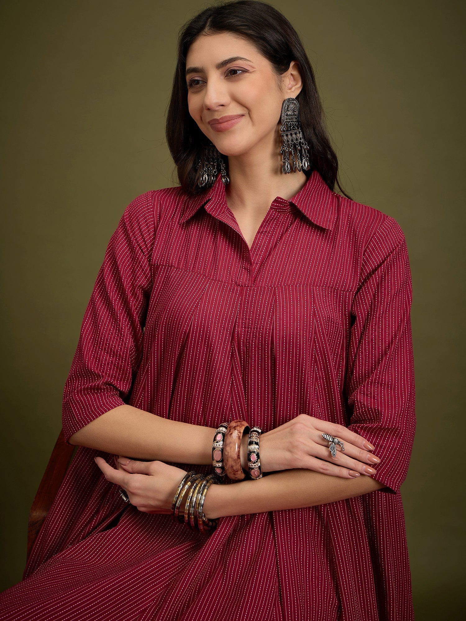 InWeave Maroon Kantha Collar Flared Dress