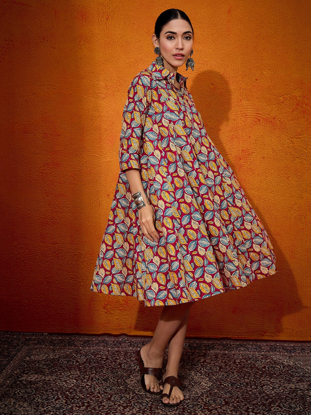 InWeave Maroon Yellow Blue Leaf Print Flared Dress