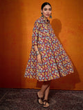 InWeave Maroon Yellow Blue Leaf Print Flared Dress