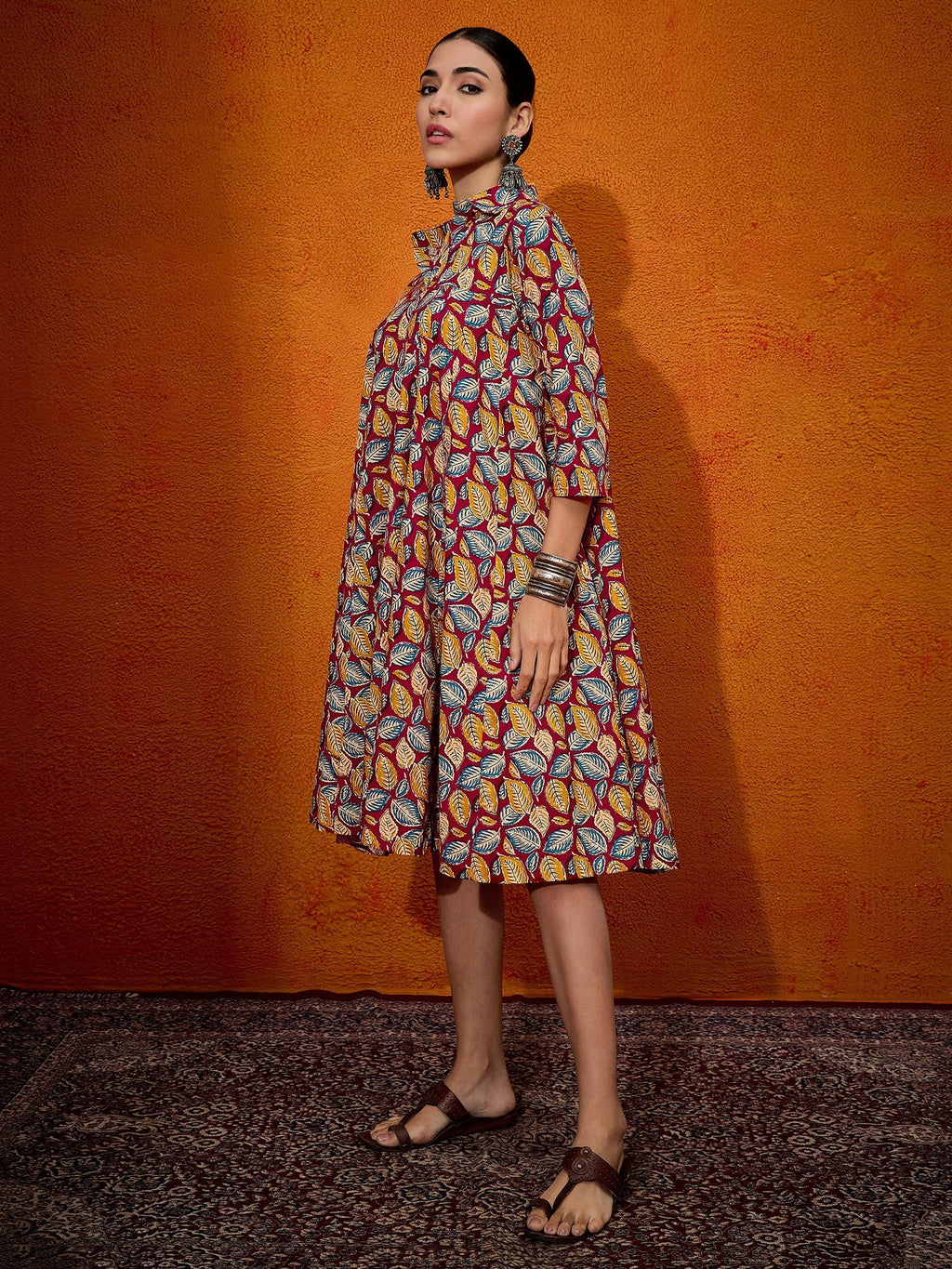 InWeave Maroon Yellow Blue Leaf Print Flared Dress