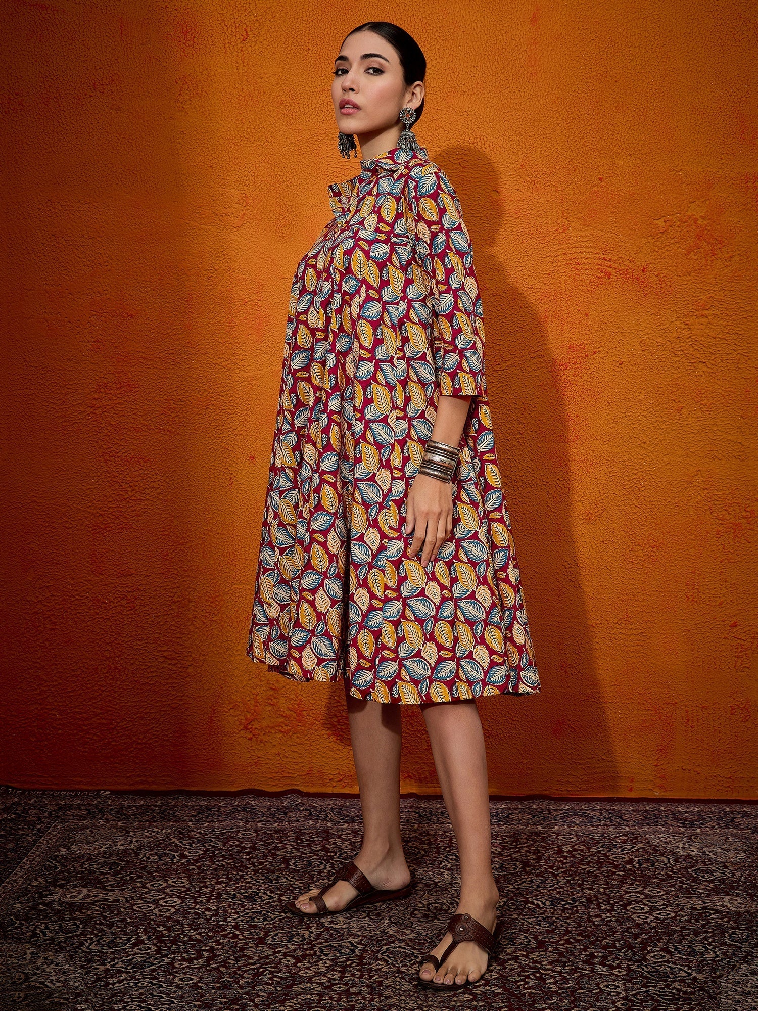 InWeave Maroon Yellow Blue Leaf Print Flared Dress