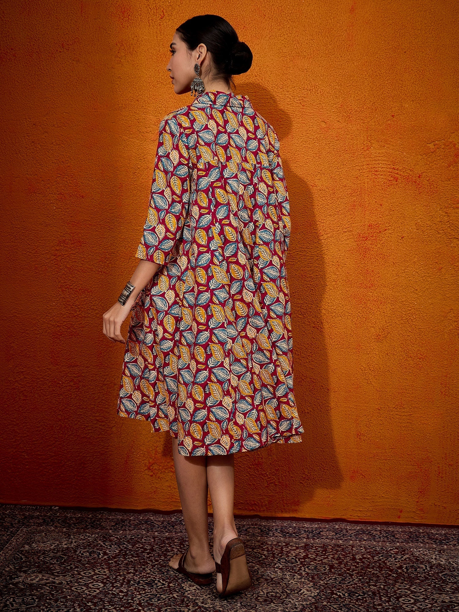 InWeave Maroon Yellow Blue Leaf Print Flared Dress