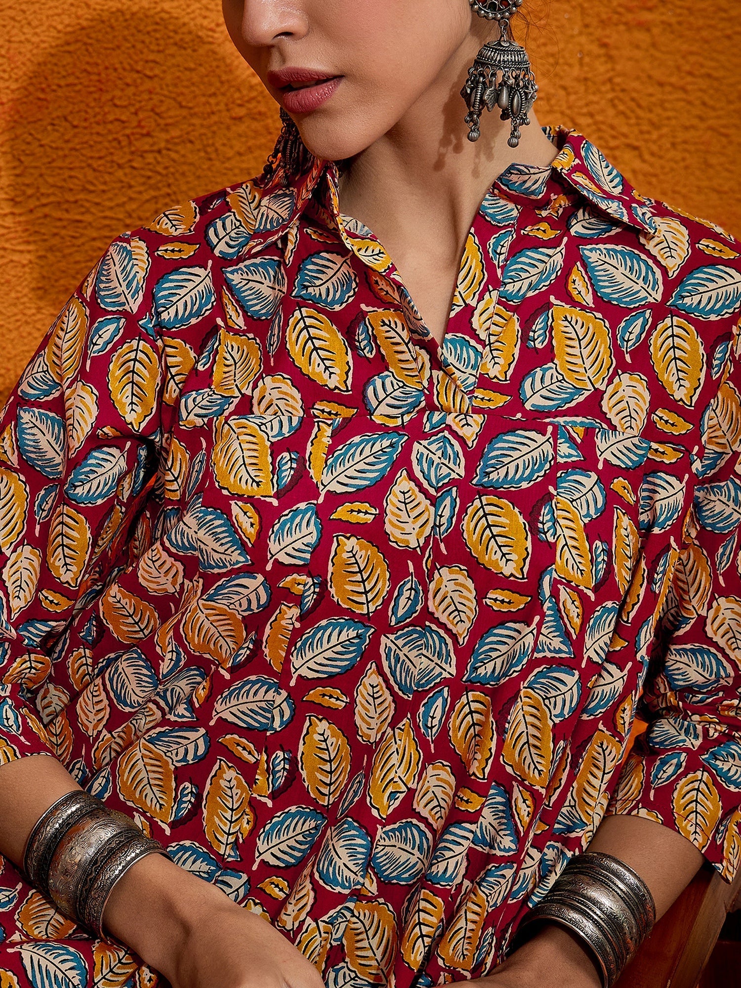 InWeave Maroon Yellow Blue Leaf Print Flared Dress