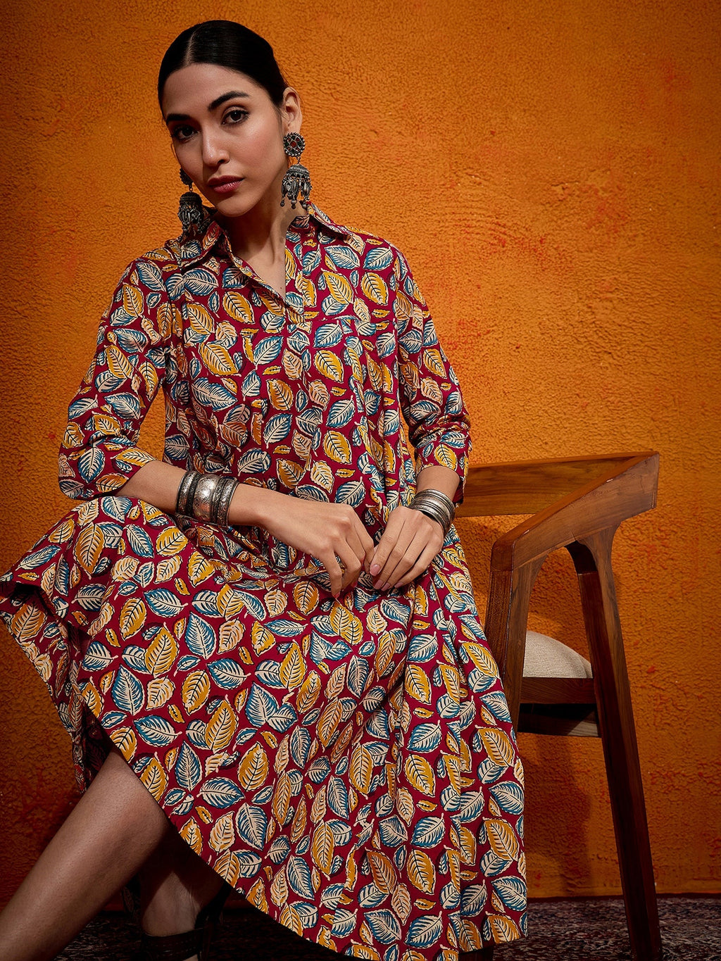 InWeave Maroon Yellow Blue Leaf Print Flared Dress