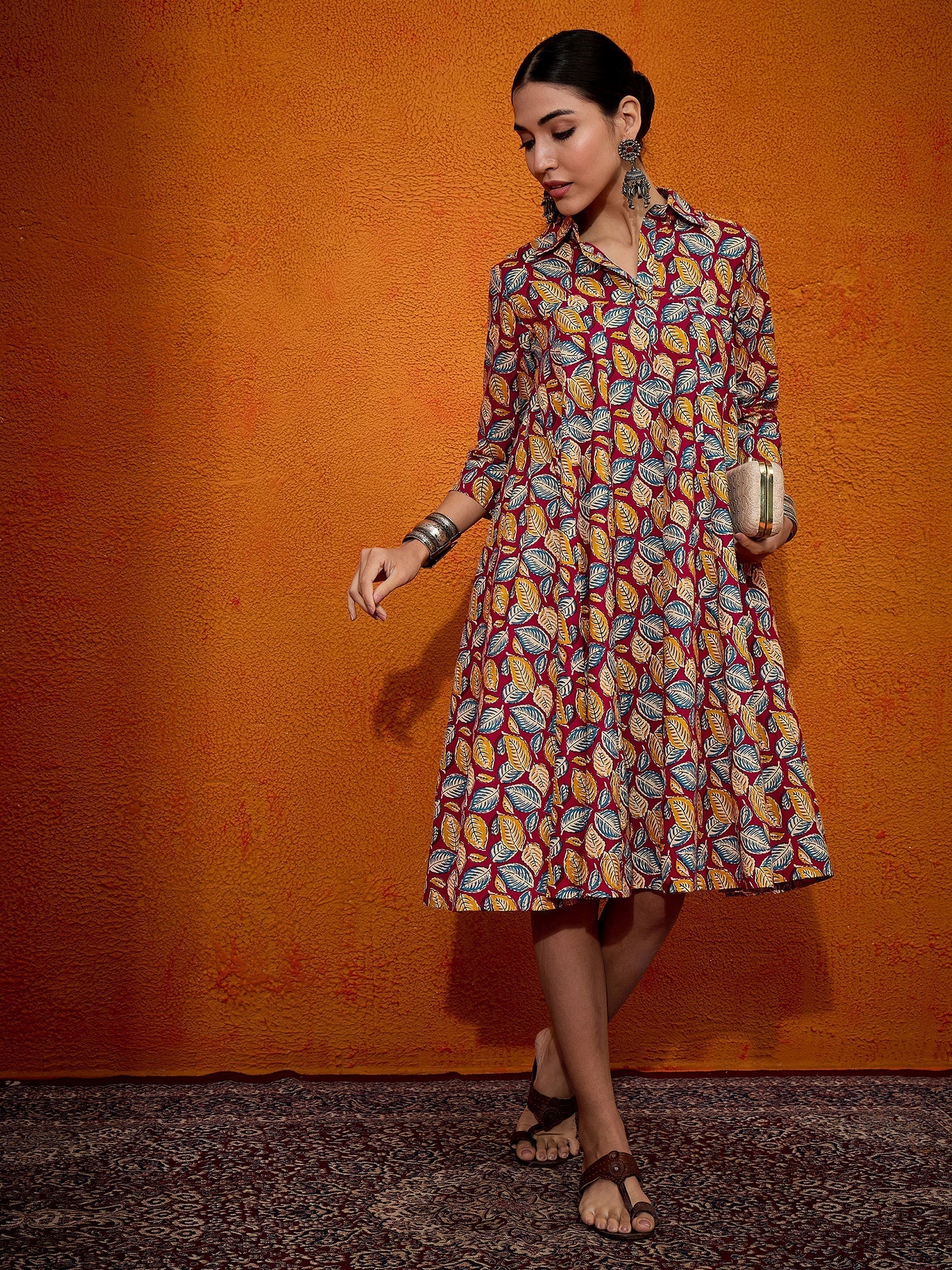 InWeave Maroon Yellow Blue Leaf Print Flared Dress