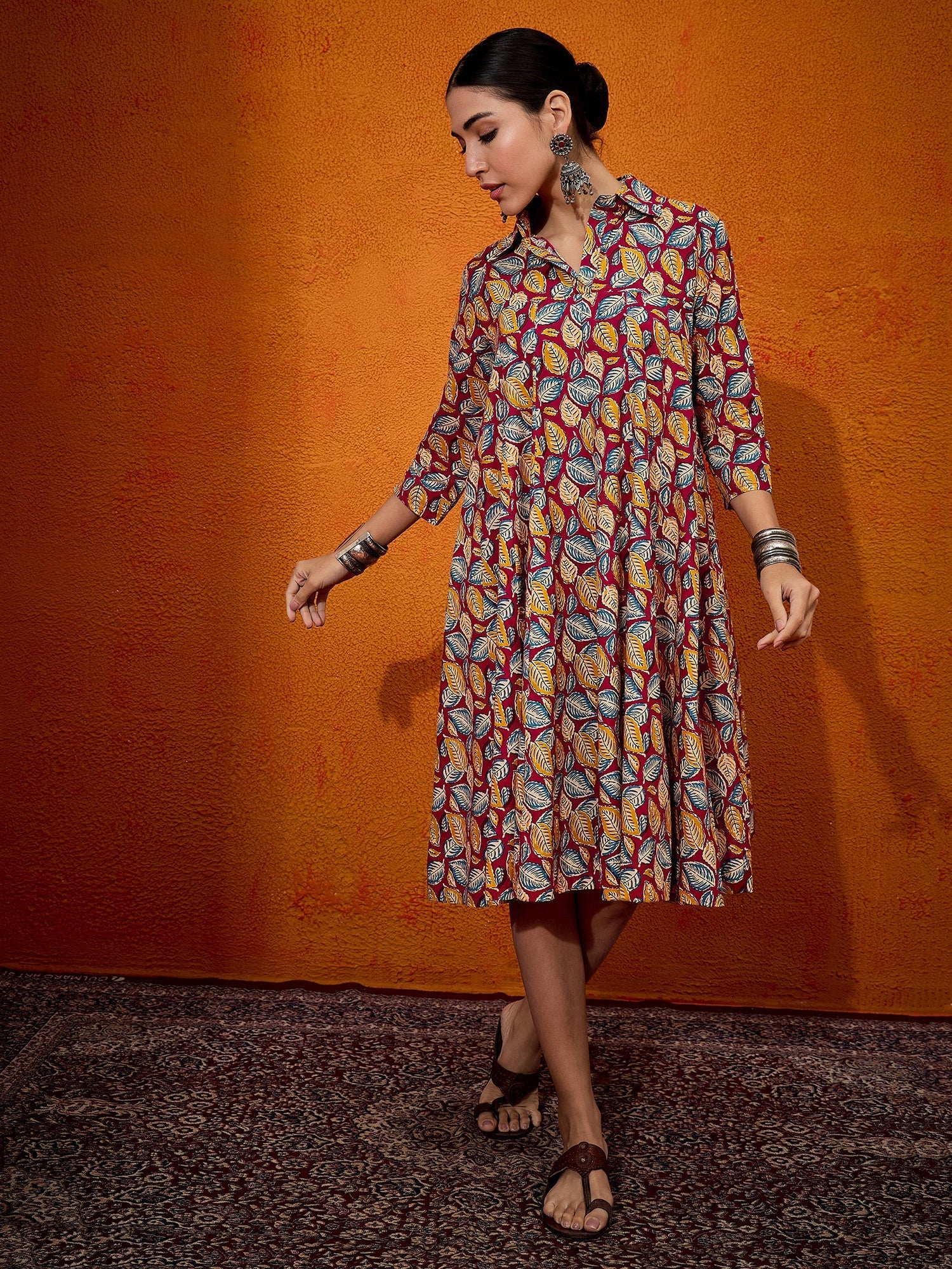 InWeave Maroon Yellow Blue Leaf Print Flared Dress