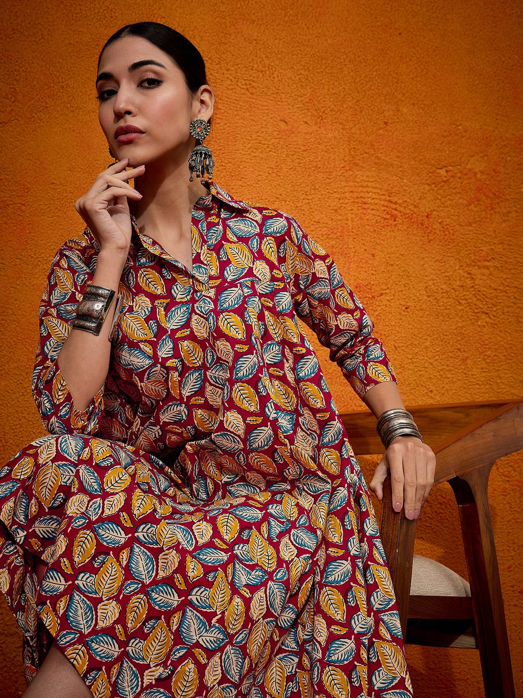InWeave Maroon Yellow Blue Leaf Print Flared Dress