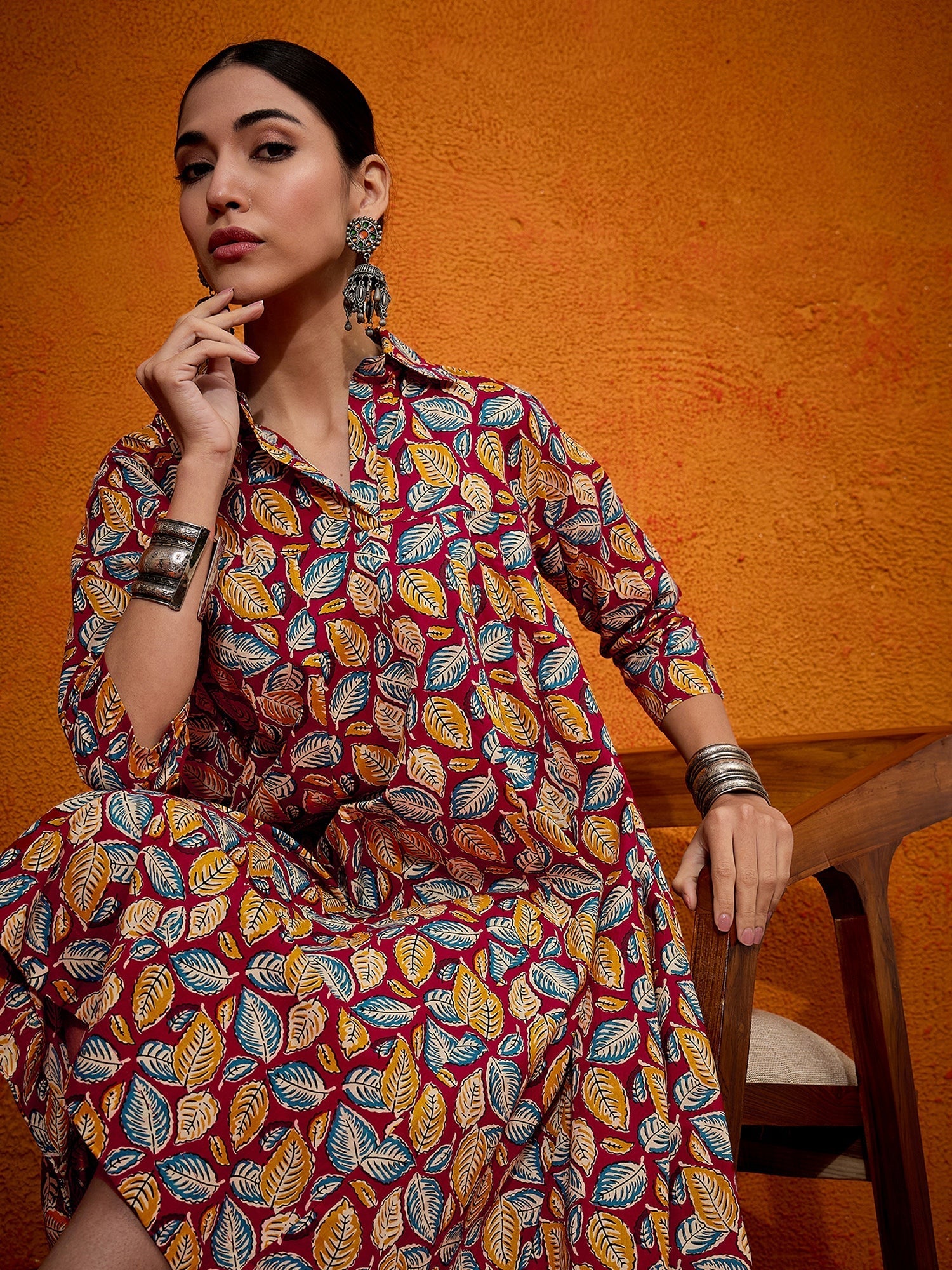 InWeave Maroon Yellow Blue Leaf Print Flared Dress
