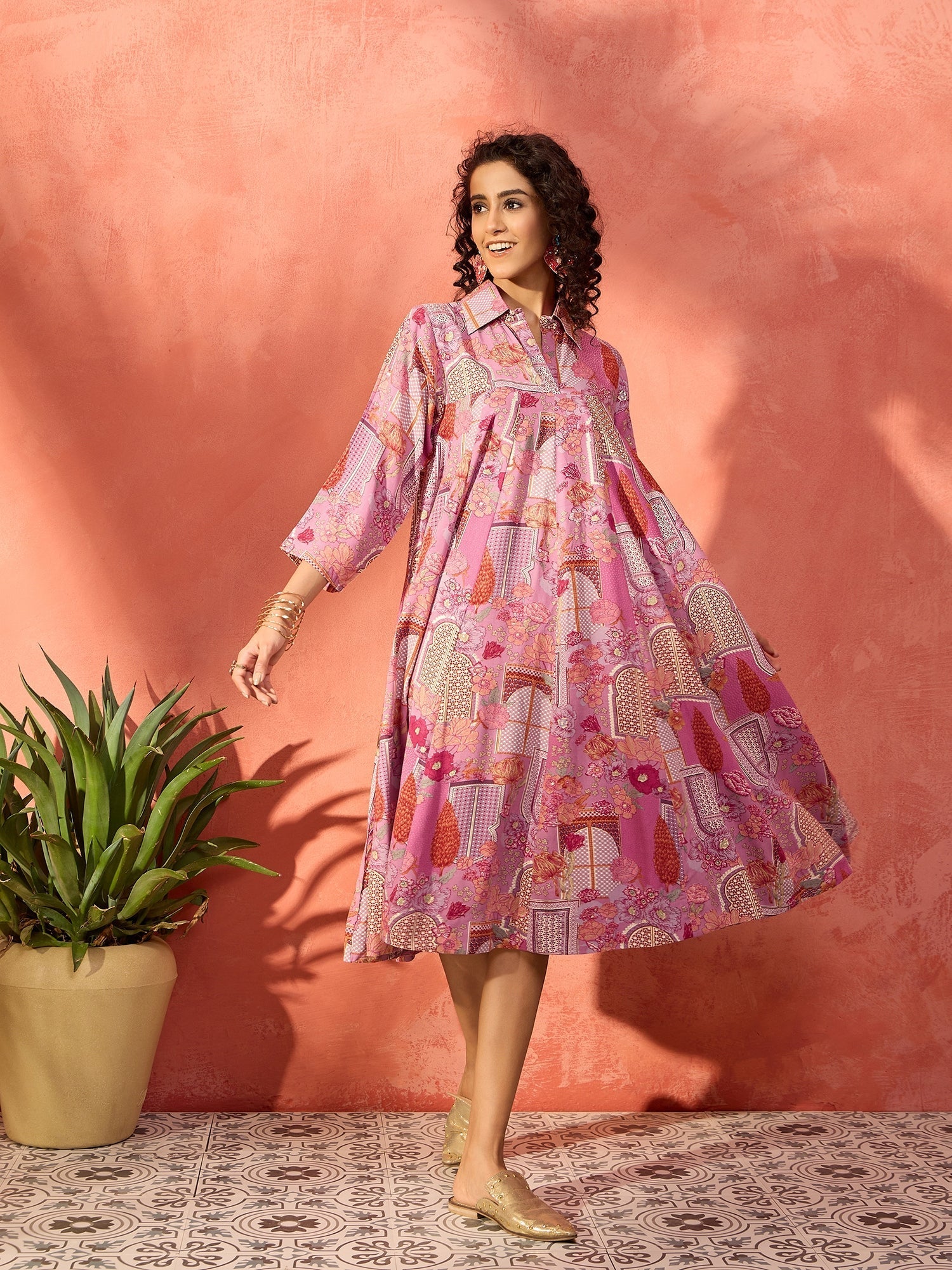InWeave Dull Pink Window Floral Flared Collar Dress