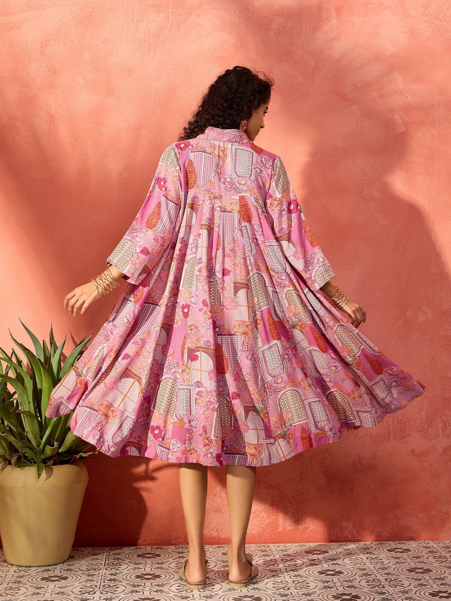 InWeave Dull Pink Window Floral Flared Collar Dress