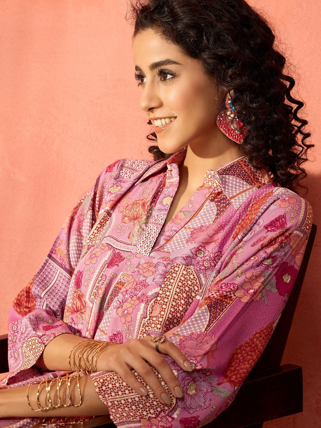 InWeave Dull Pink Window Floral Flared Collar Dress
