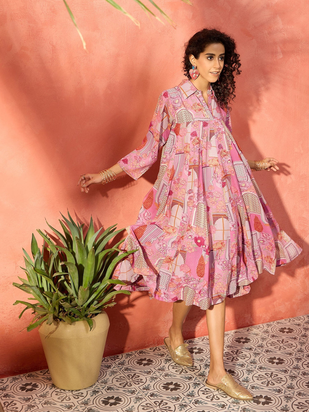 InWeave Dull Pink Window Floral Flared Collar Dress