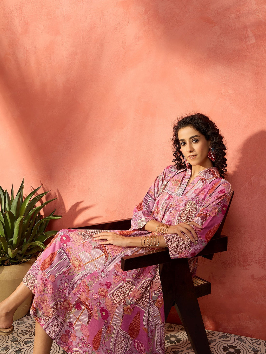 InWeave Dull Pink Window Floral Flared Collar Dress