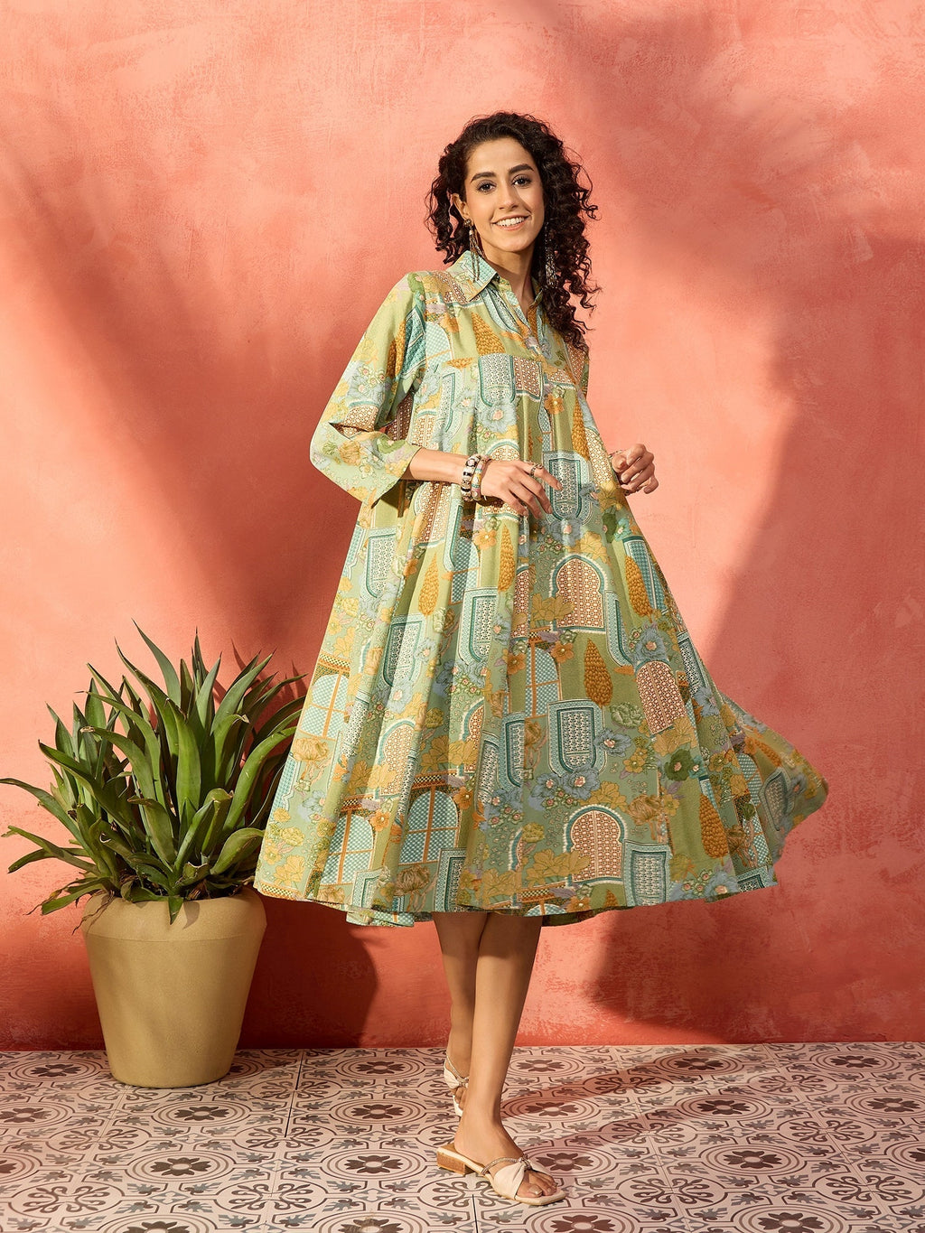 InWeave Pear Green Window Floral Flared Collar Dress