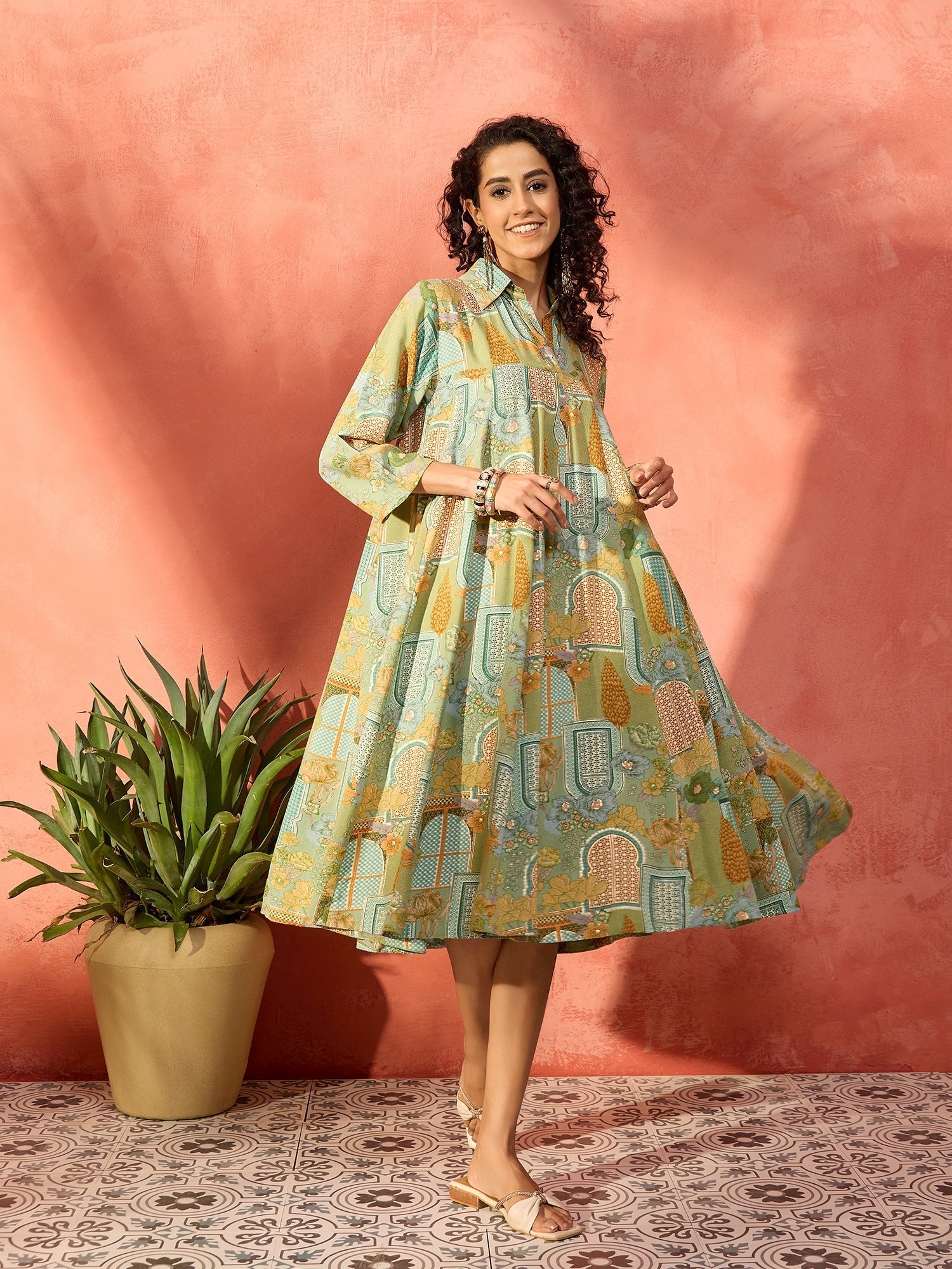 InWeave Pear Green Window Floral Flared Collar Dress