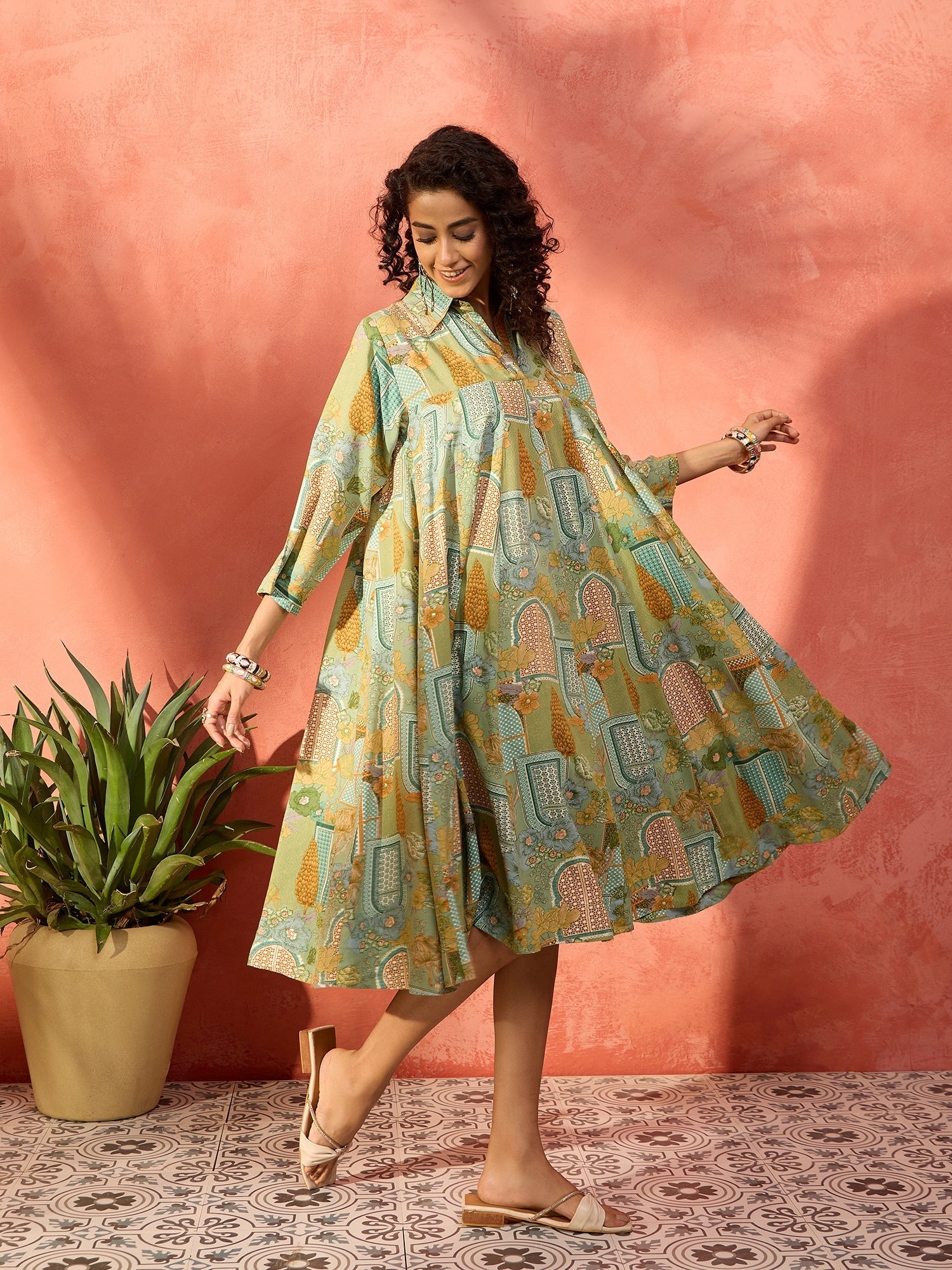 InWeave Pear Green Window Floral Flared Collar Dress