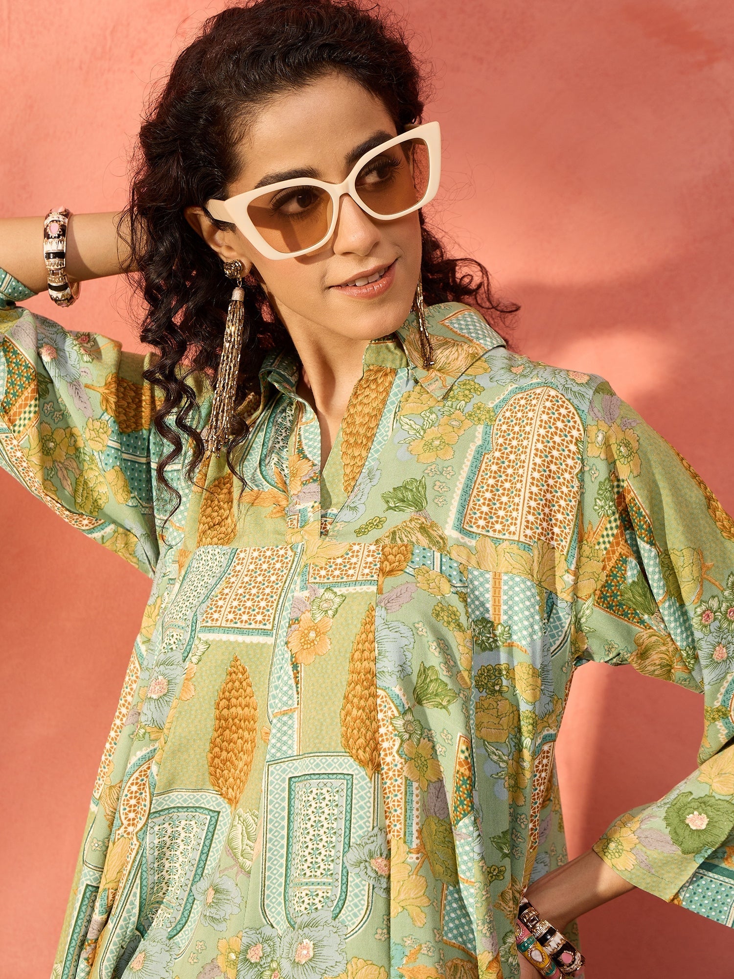 InWeave Pear Green Window Floral Flared Collar Dress
