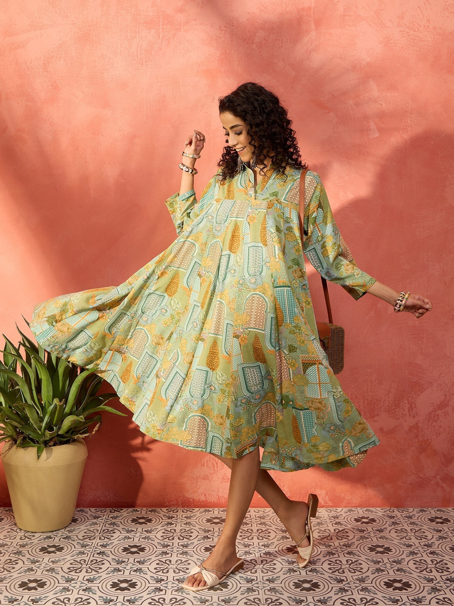 InWeave Pear Green Window Floral Flared Collar Dress