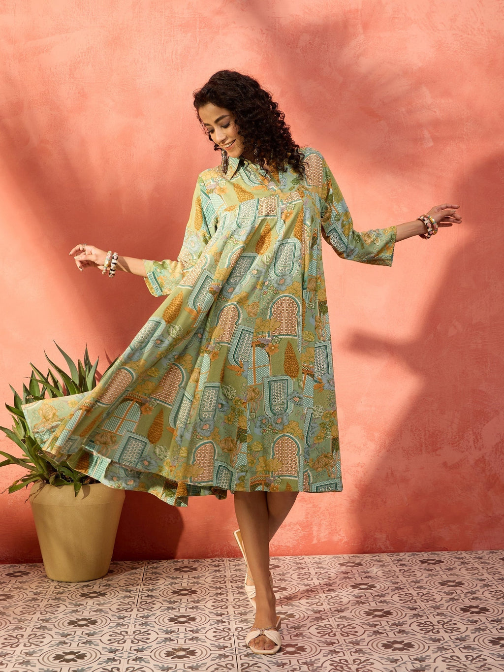 InWeave Pear Green Window Floral Flared Collar Dress