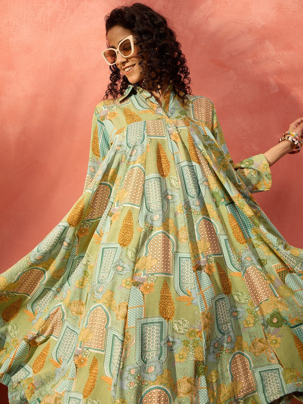 InWeave Pear Green Window Floral Flared Collar Dress