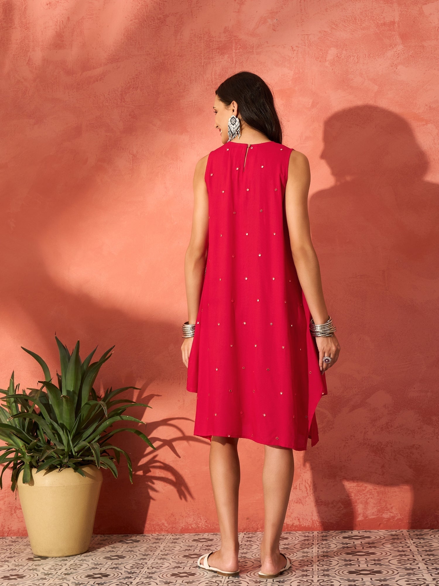 InWeave Red Mirror Work Round Neck W/S Dress