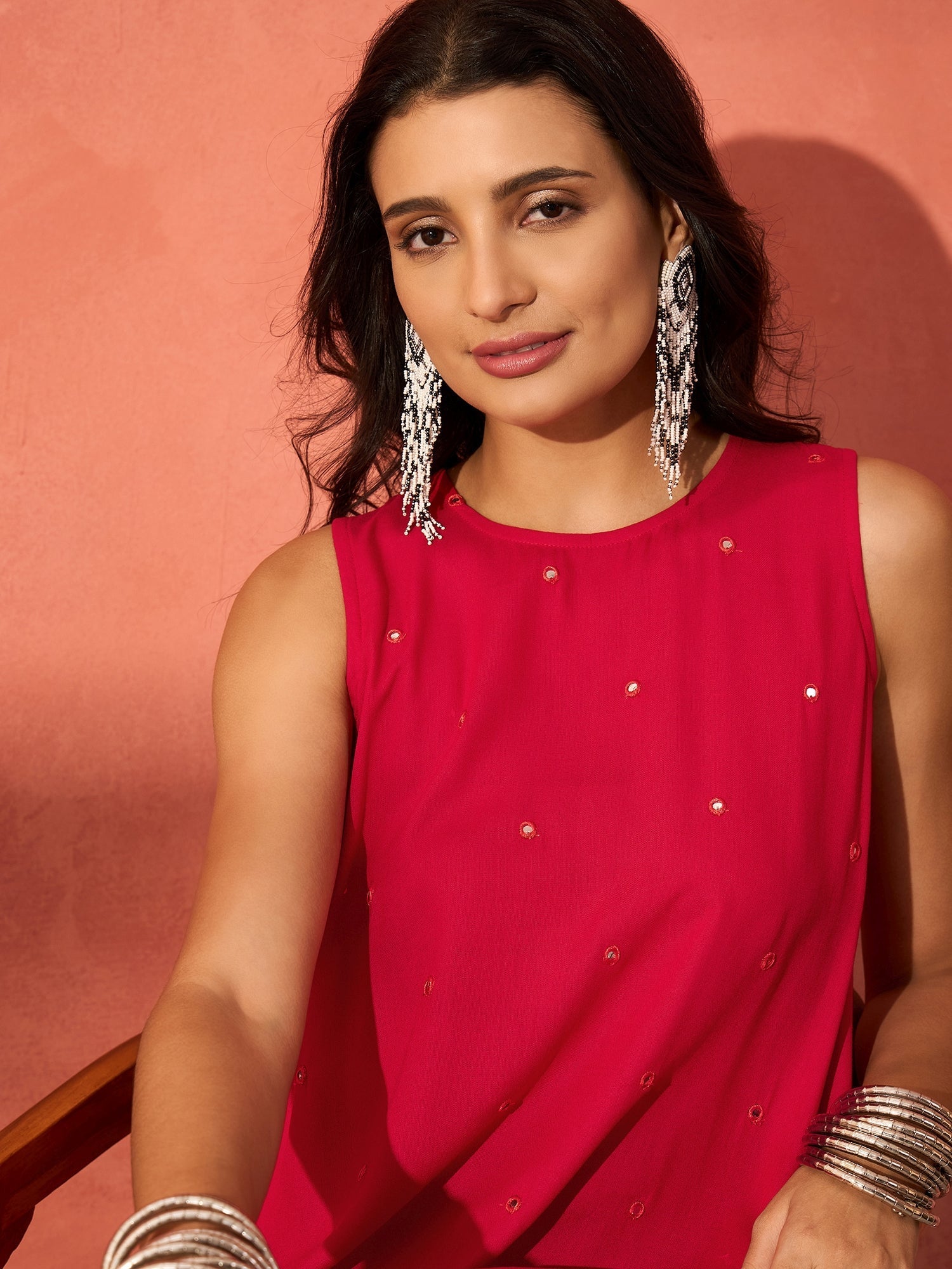 InWeave Red Mirror Work Round Neck W/S Dress
