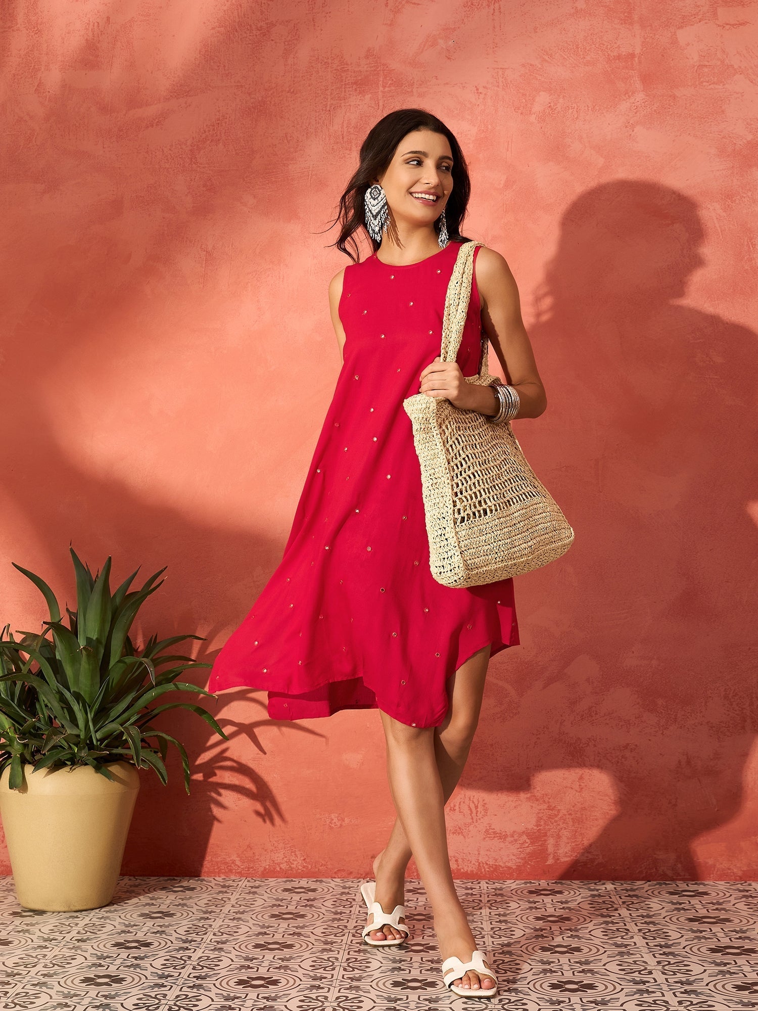 InWeave Red Mirror Work Round Neck W/S Dress