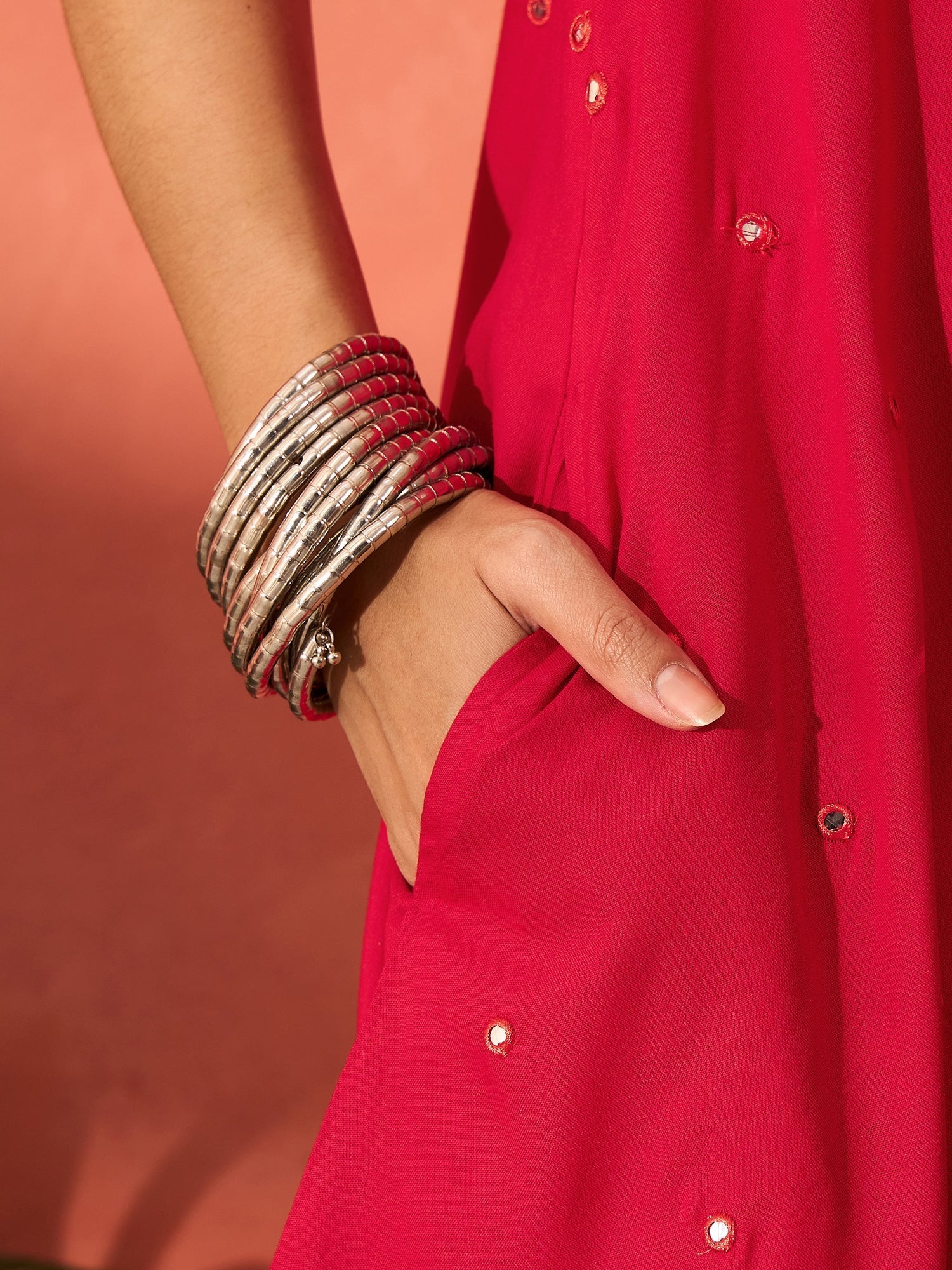 InWeave Red Mirror Work Round Neck W/S Dress