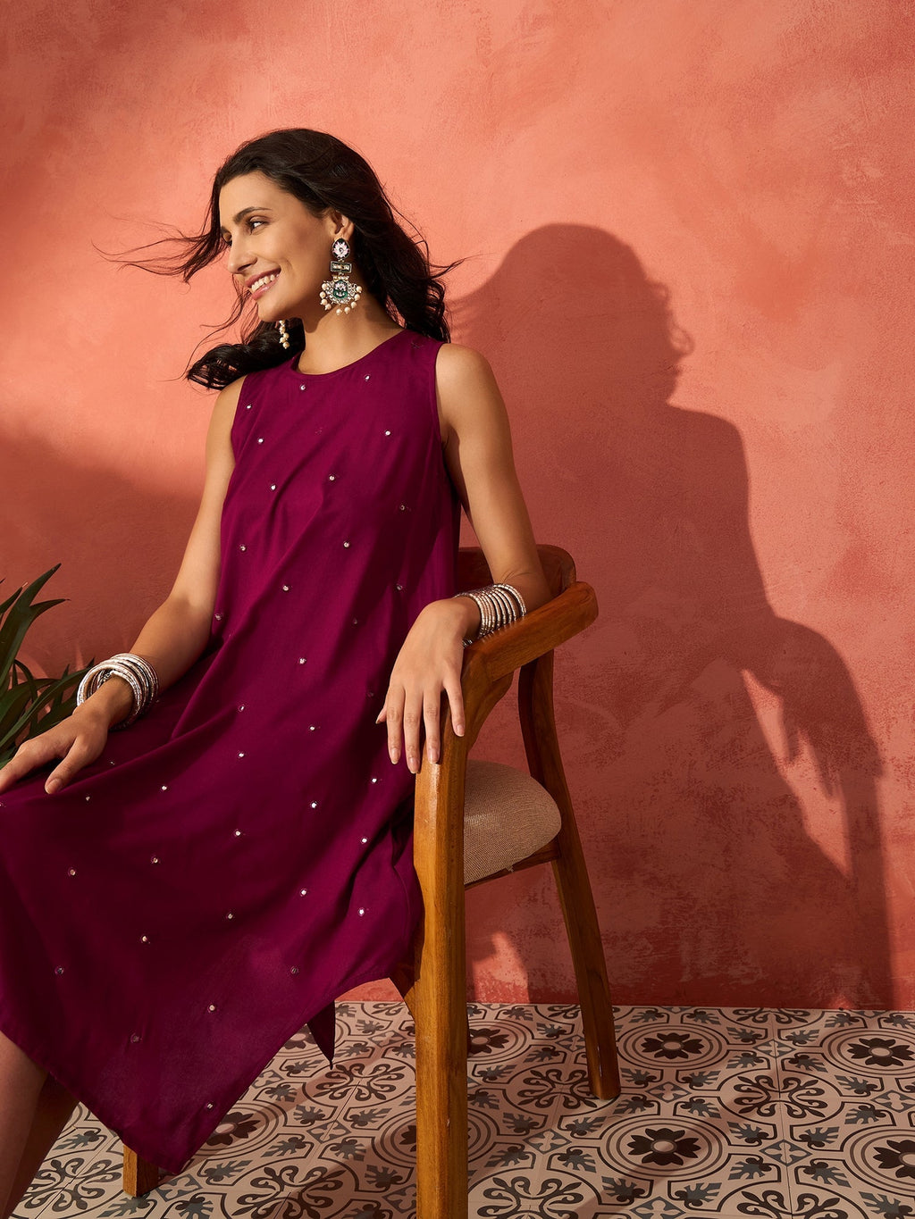 InWeave Wine Mirror Work Round Neck W/S Dress
