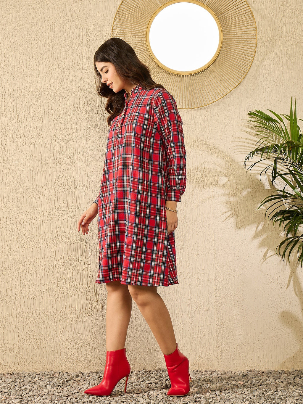 InWeave Red Green Check Mandarin Button Neck Dress