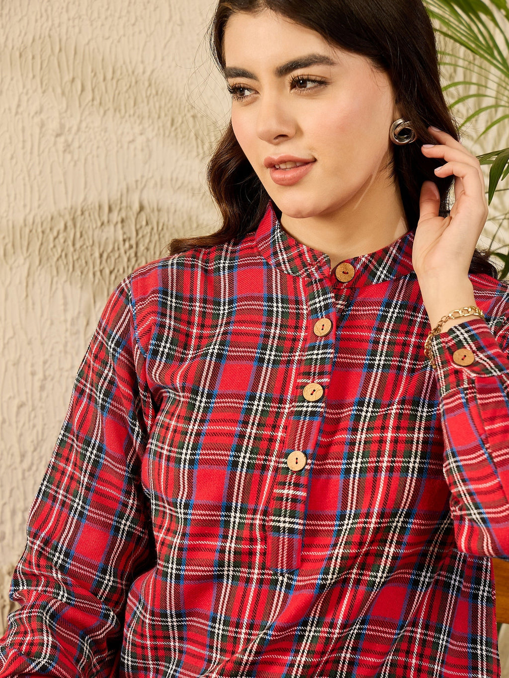 InWeave Red Green Check Mandarin Button Neck Dress