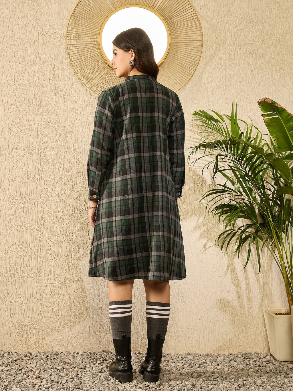 InWeave Green Black Check Mandarin Button Neck Dress