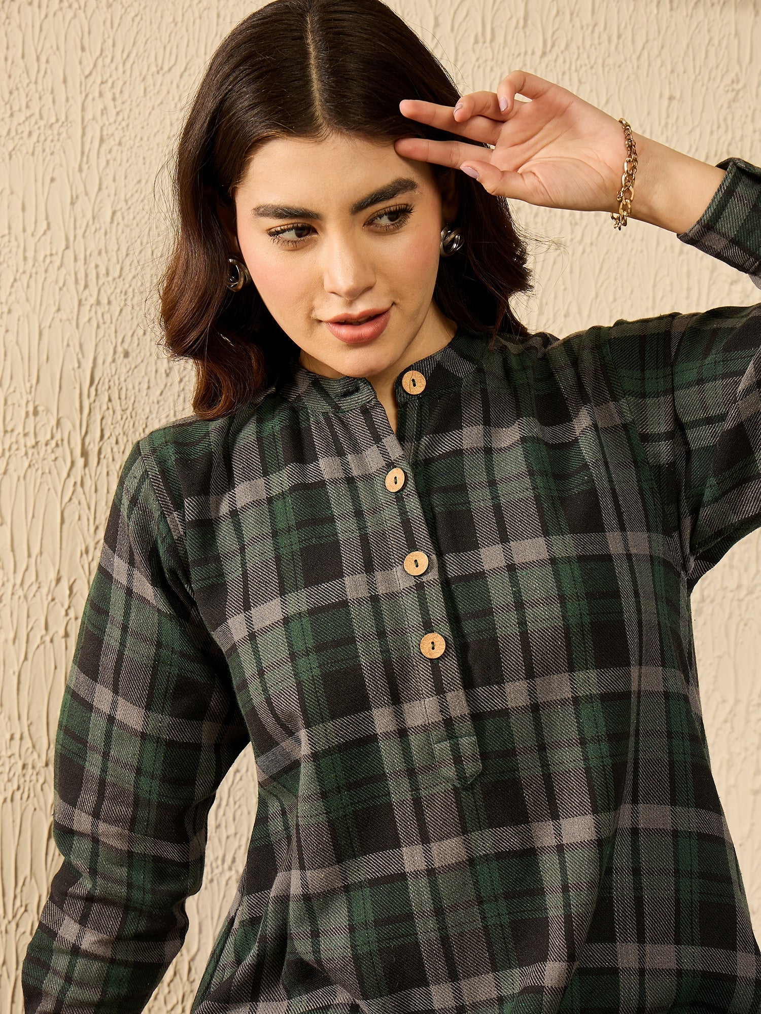 InWeave Green Black Check Mandarin Button Neck Dress