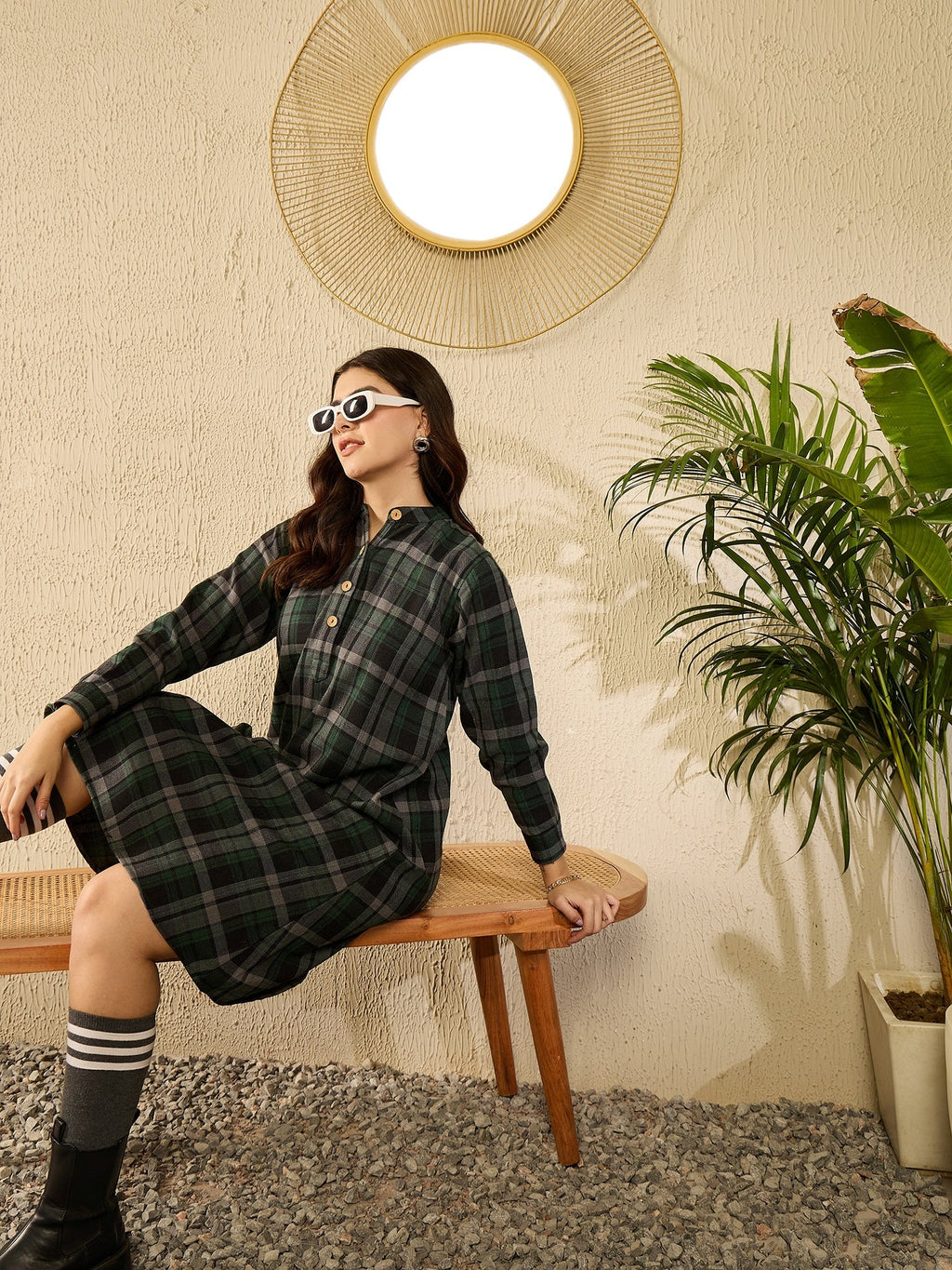 InWeave Green Black Check Mandarin Button Neck Dress