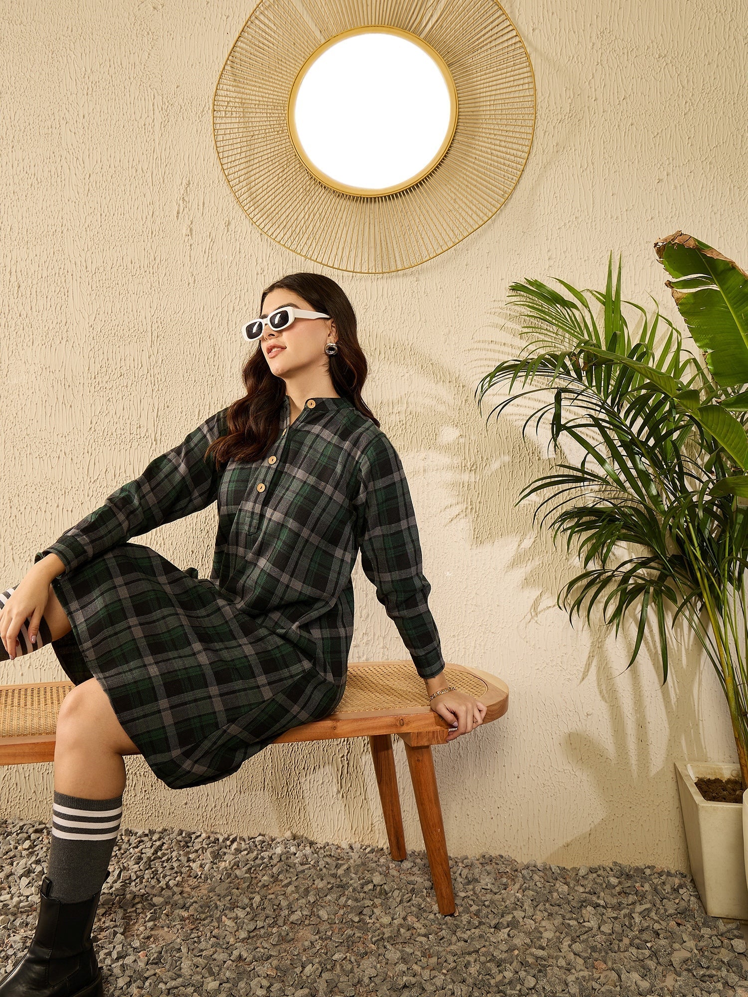 InWeave Green Black Check Mandarin Button Neck Dress