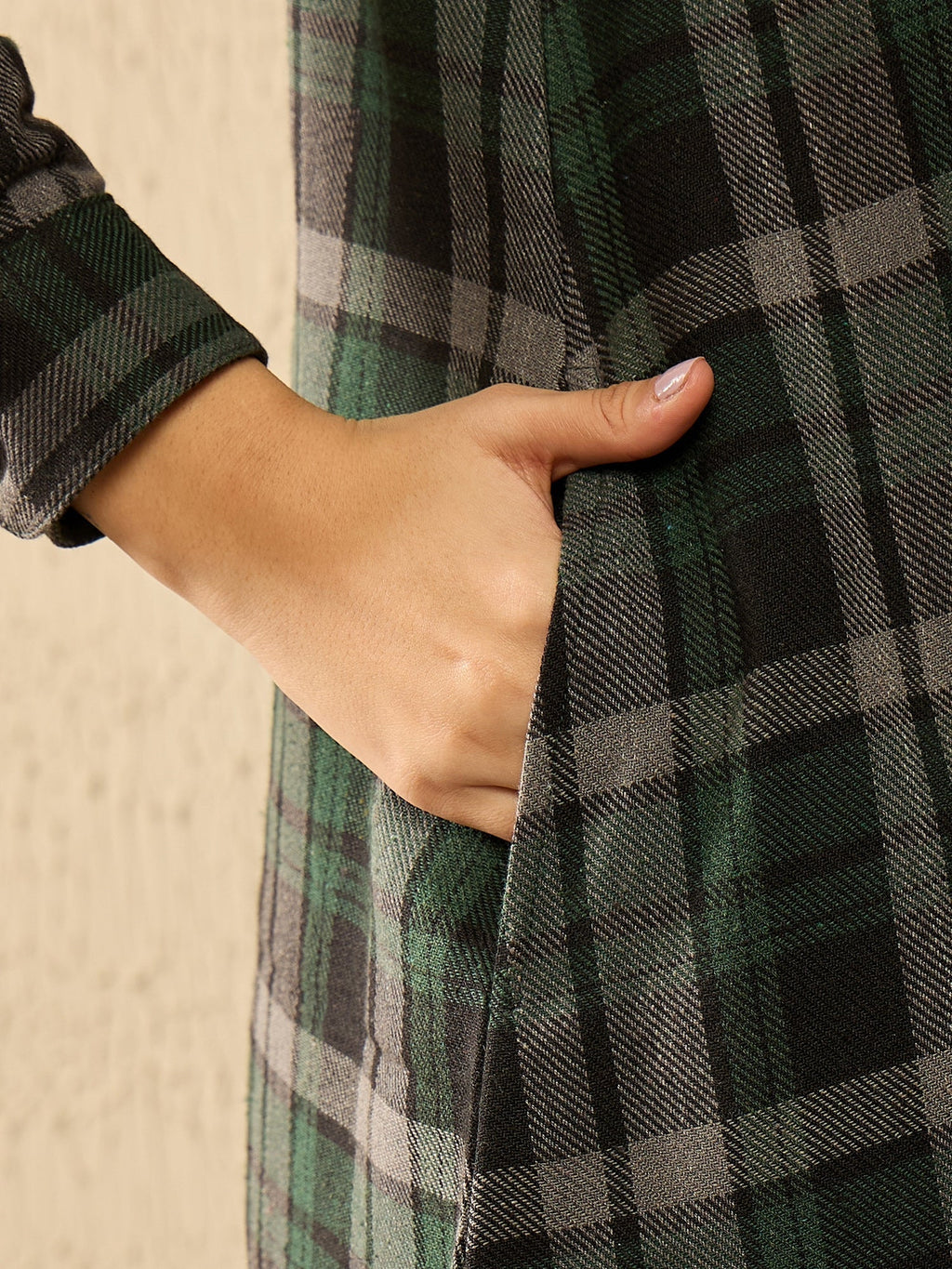 InWeave Green Black Check Mandarin Button Neck Dress