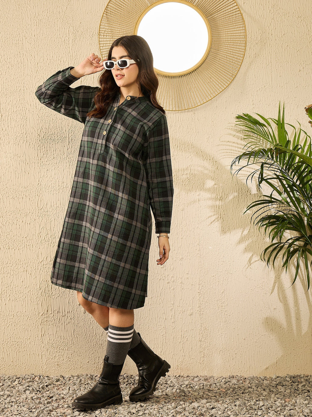 InWeave Green Black Check Mandarin Button Neck Dress