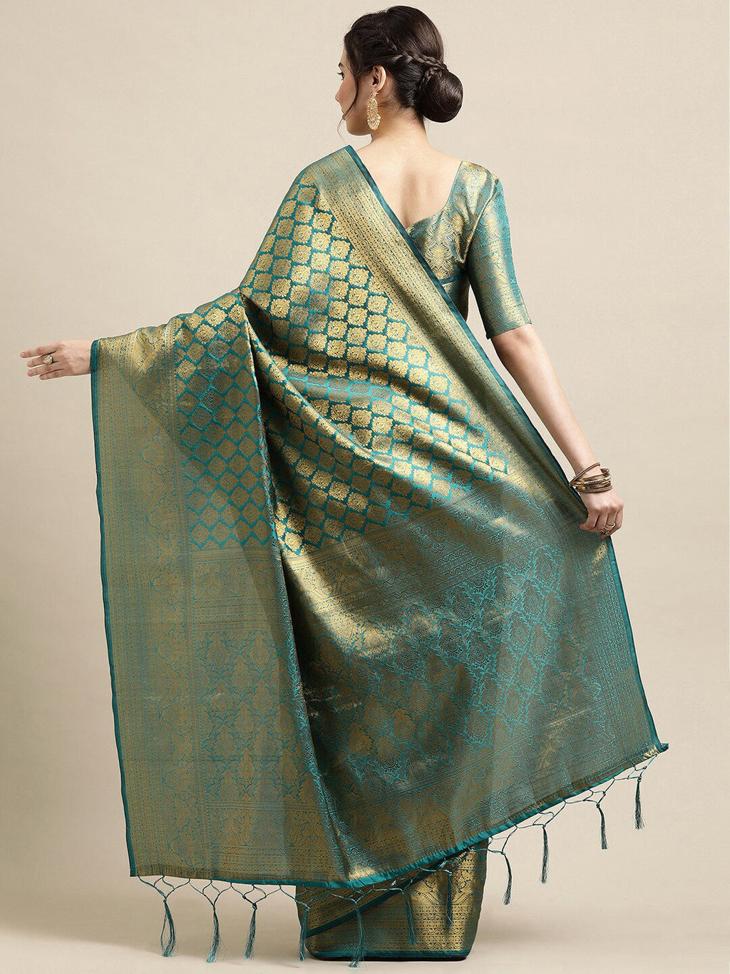 Saree Mall Blue & Gold-Toned Woven Design Zari Silk Blend Banarasi Saree