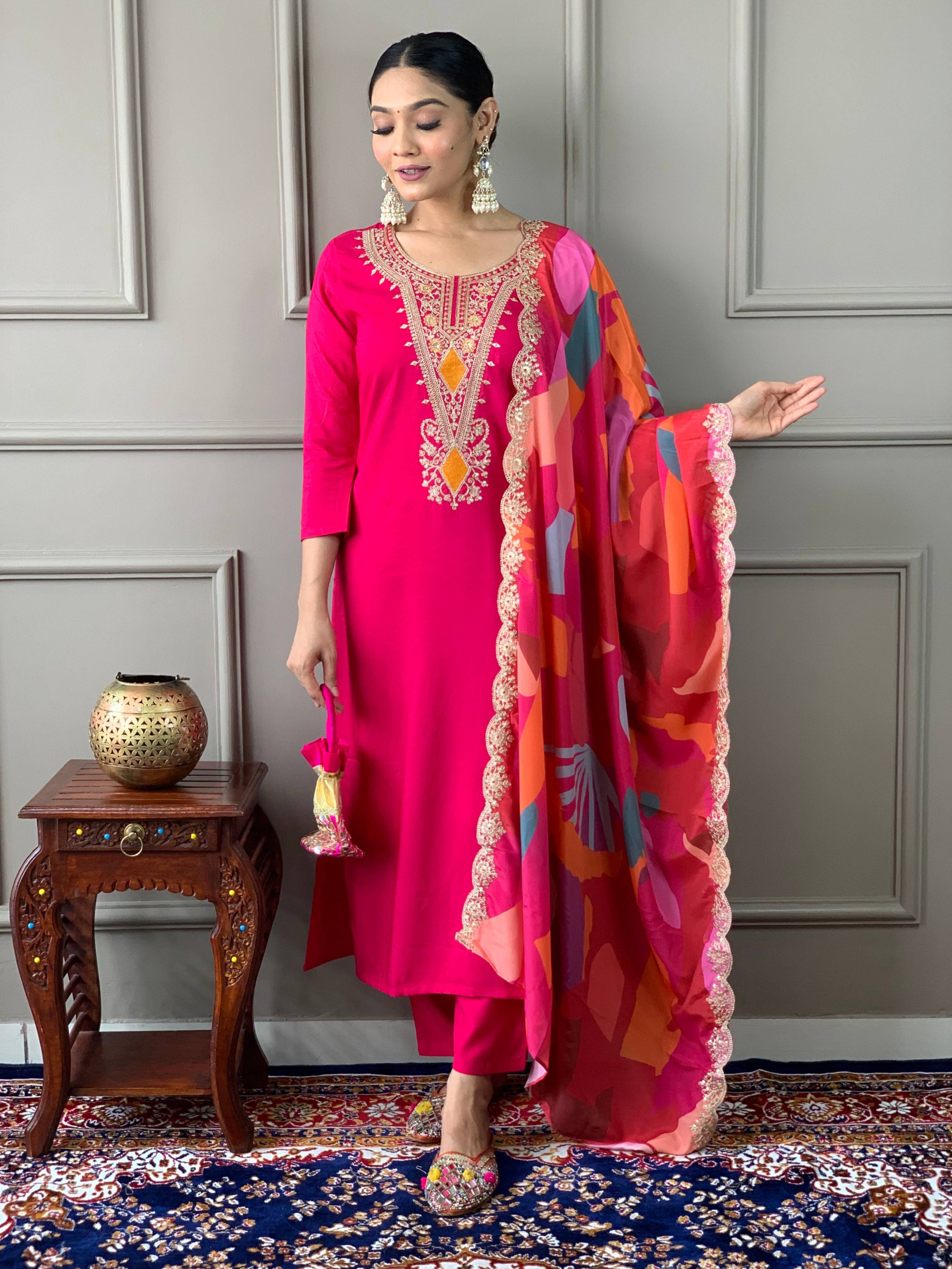 The52 Viscose Silk Fabric work Straight cut Kurta, Pant and Dupatta Set