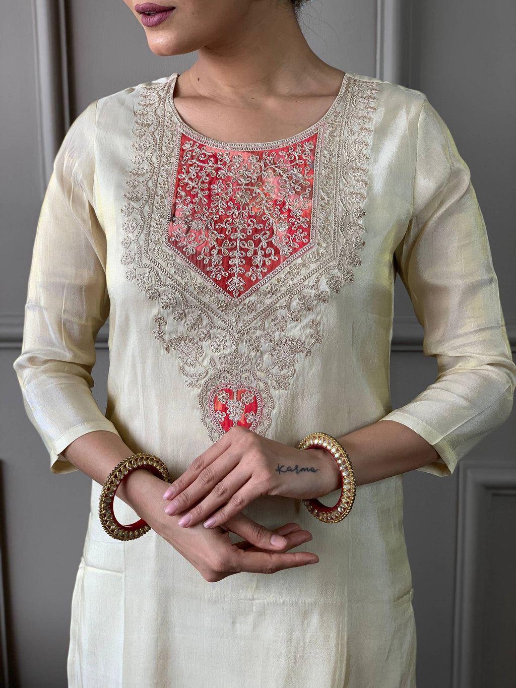The52 Cream Embroidered Chanderi Silk Fabric Straight Kurta, Pant and Dupatta Set